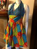 Flirty Halter Sundress in Blue, Lime Green and Red African Wax Block Cotton
