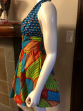 Flirty Halter Sundress in Blue, Lime Green and Red African Wax Block Cotton