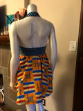 Flirty African Print Halter Sundress in Blue and Yellow Ghanaian Stool Motif Ankara Wax Block Cotton