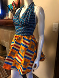 Flirty African Print Halter Sundress in Blue and Yellow Ghanaian Stool Motif Ankara Wax Block Cotton