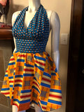 Flirty African Print Halter Sundress in Blue and Yellow Ghanaian Stool Motif Ankara Wax Block Cotton