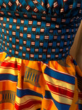 Flirty African Print Halter Sundress in Blue and Yellow Ghanaian Stool Motif Ankara Wax Block Cotton