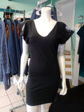 Black Stretch Knit Dress with Flutter Sleeves and Fitted Shape