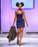 Navy and Black Fitted Sweetheart Bombshell Dress in Stretch Denim with Zipper Piping