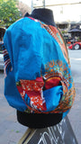 Blue and Red Dashiki Unisex Bomber Jacket, Fully Reversible to Denim and Black