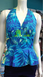 Hawaiian Print Pinup Halter in blue and green floral print and peplum ruffle