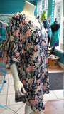 Silky Flutter Sleeve Tunic Dress with Shirttail Hem in Navy Floral