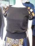 Black Knit Shirt with African Mud Cloth Raglan Sleeves and Cuffs