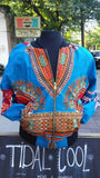 Blue and Red Dashiki Unisex Bomber Jacket, Fully Reversible to Denim and Black