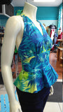 Hawaiian Print Pinup Halter in blue and green floral print and peplum ruffle
