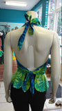 Hawaiian Print Pinup Halter in blue and green floral print and peplum ruffle