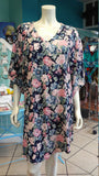 Silky Flutter Sleeve Tunic Dress with Shirttail Hem in Navy Floral