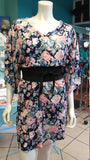 Silky Flutter Sleeve Tunic Dress with Shirttail Hem in Navy Floral