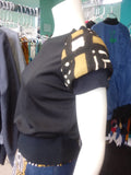 Black Knit Shirt with African Mud Cloth Raglan Sleeves and Cuffs