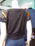 Black Knit Shirt with African Mud Cloth Raglan Sleeves and Cuffs