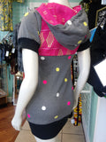 Athletic Hoodie Dress in Pink African Kente Cloth and Grey Polka Dot Sweatshirt Knit