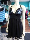 Flirty Gunmetal Sequin Cocktail Dress with Sequin Skirt and Plunge Neckline
