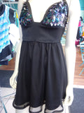 Flirty Gunmetal Sequin Cocktail Dress with Sequin Skirt and Plunge Neckline