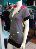 Athletic Hoodie Dress in Pink African Kente Cloth and Grey Polka Dot Sweatshirt Knit