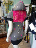 Athletic Hoodie Dress in Pink African Kente Cloth and Grey Polka Dot Sweatshirt Knit
