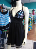 Flirty Gunmetal Sequin Cocktail Dress with Sequin Skirt and Plunge Neckline