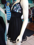 Flirty Gunmetal Sequin Cocktail Dress with Sequin Skirt and Plunge Neckline