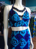 African Batik Mermaid Dress with Halter Midriff with Kukui Beads and 2 Layered Full Length Skirt