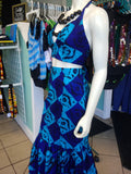 African Batik Mermaid Dress with Halter Midriff with Kukui Beads and 2 Layered Full Length Skirt