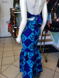 African Batik Mermaid Dress with Halter Midriff with Kukui Beads and 2 Layered Full Length Skirt