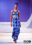 African Batik Mermaid Dress with Halter Midriff with Kukui Beads and 2 Layered Full Length Skirt