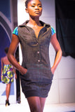 Sporty Denim and African Kente Cloth Jumper Dress with Button Down Front and Pockets
