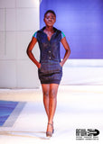 Sporty Denim and African Kente Cloth Jumper Dress with Button Down Front and Pockets