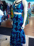 African Batik Mermaid Dress with Halter Midriff with Kukui Beads and 2 Layered Full Length Skirt