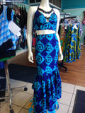 African Batik Mermaid Dress with Halter Midriff with Kukui Beads and 2 Layered Full Length Skirt
