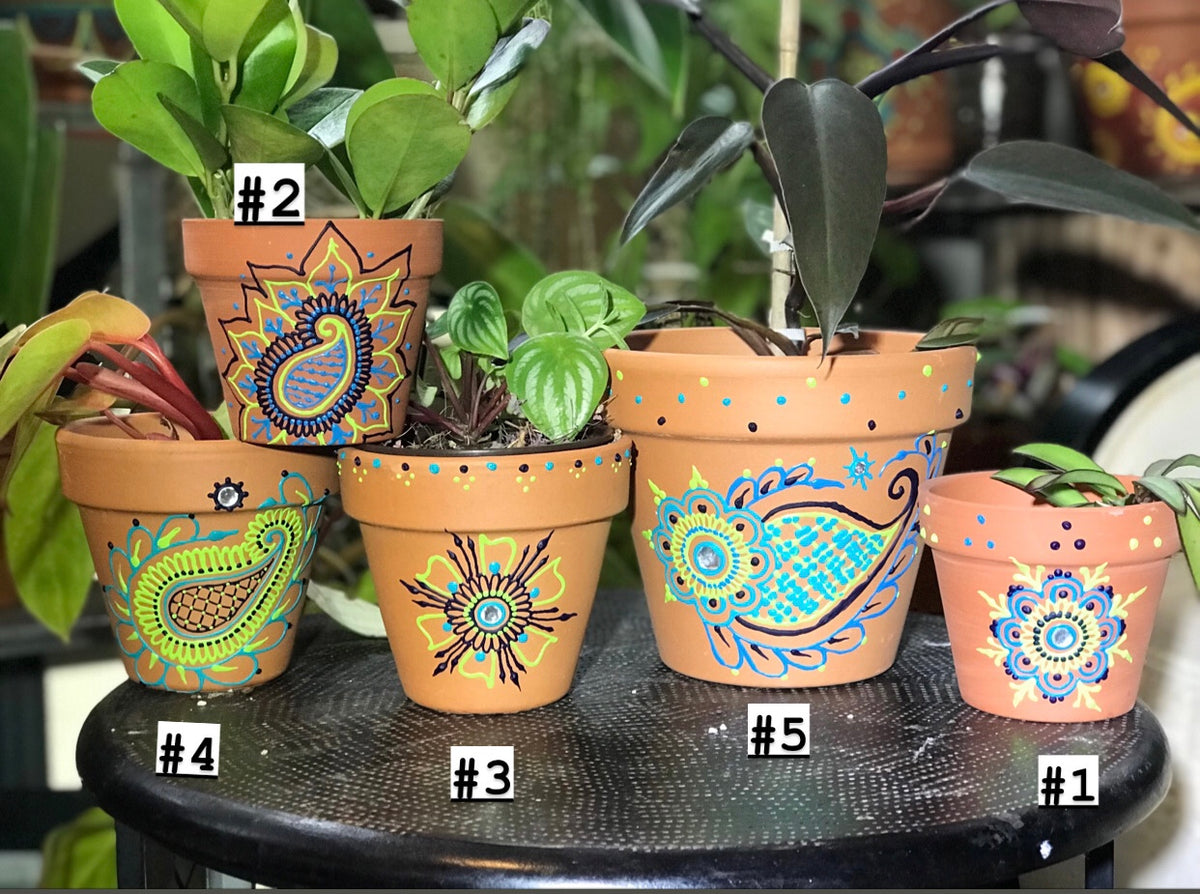 hand painted terracotta plant pots Blue and Green Handpainted Henna Terra Cotta Pots – Tidal Cool
