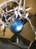 Small Hand Painted White Satin Glass Ornament with Henna Art in Blue