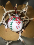 Medium Hand Painted White, Red and Green Glass Ornament with Henna Art