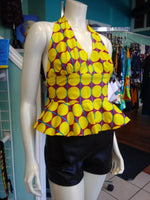 Flirty Ankara Halter Top with Peplum made from Yellow Polka Dot African Wax Block Cotton from Ghana