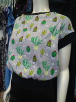 Raglan Pullover in Grey Cactus Print Jersey Knit with Silver Sleeves