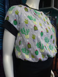 Raglan Pullover in Grey Cactus Print Jersey Knit with Silver Sleeves