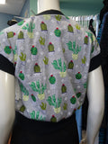 Raglan Pullover in Grey Cactus Print Jersey Knit with Silver Sleeves