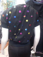 Black Raglan Pullover in Shimmery Rainbow Iridescent Polka Dot Knit