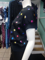 Black Raglan Pullover in Shimmery Rainbow Iridescent Polka Dot Knit