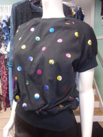 Black Raglan Pullover in Shimmery Rainbow Iridescent Polka Dot Knit