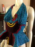 Flirty African Print Halter Top with Peplum made from Turquoise and Pink Ankara