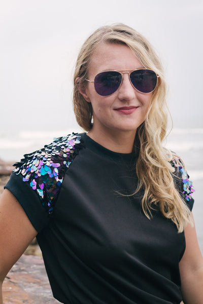 Black Iridescent Sequin and Knit Pullover Crewneck