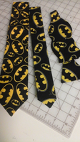 Batman Logo Neckties in bow tie, skinny tie, and standard tie styles, kids or adult sizes in black and yellow