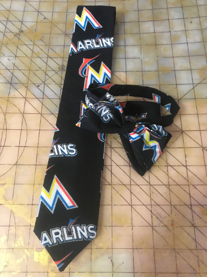 Florida Marlins MLB Neckties in bow tie, skinny tie, and standard tie styles, kids or adult sizes