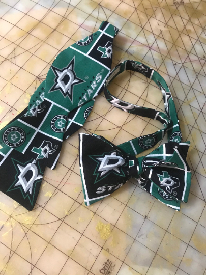 Dallas Stars NHL Neckties in bow tie, skinny tie, and standard tie styles, kids or adult sizes