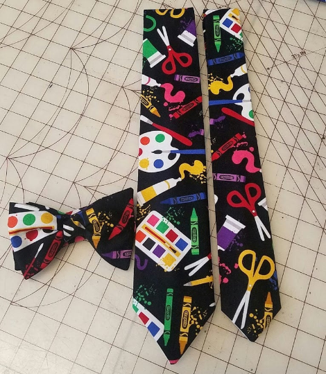 Crayola Art Supply Neckties in bow tie, skinny tie, and standard tie styles, kids or adult sizes